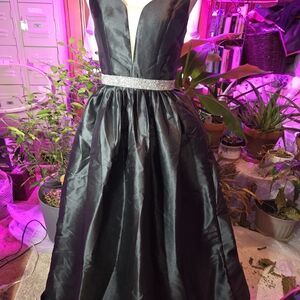Fashion Nova Black Satin Prom Dress with Rhinestone Waist
